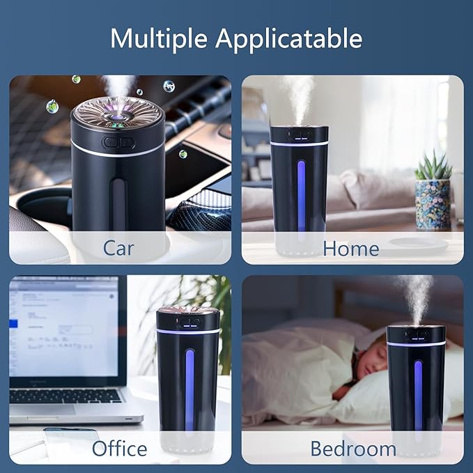 Wireless Air Humidifier Colorful lights , Changeable Color Aromatherapy Humidifier 800mAh Rechargeable Cool Mist Maker For Car 1 Pc(Black)