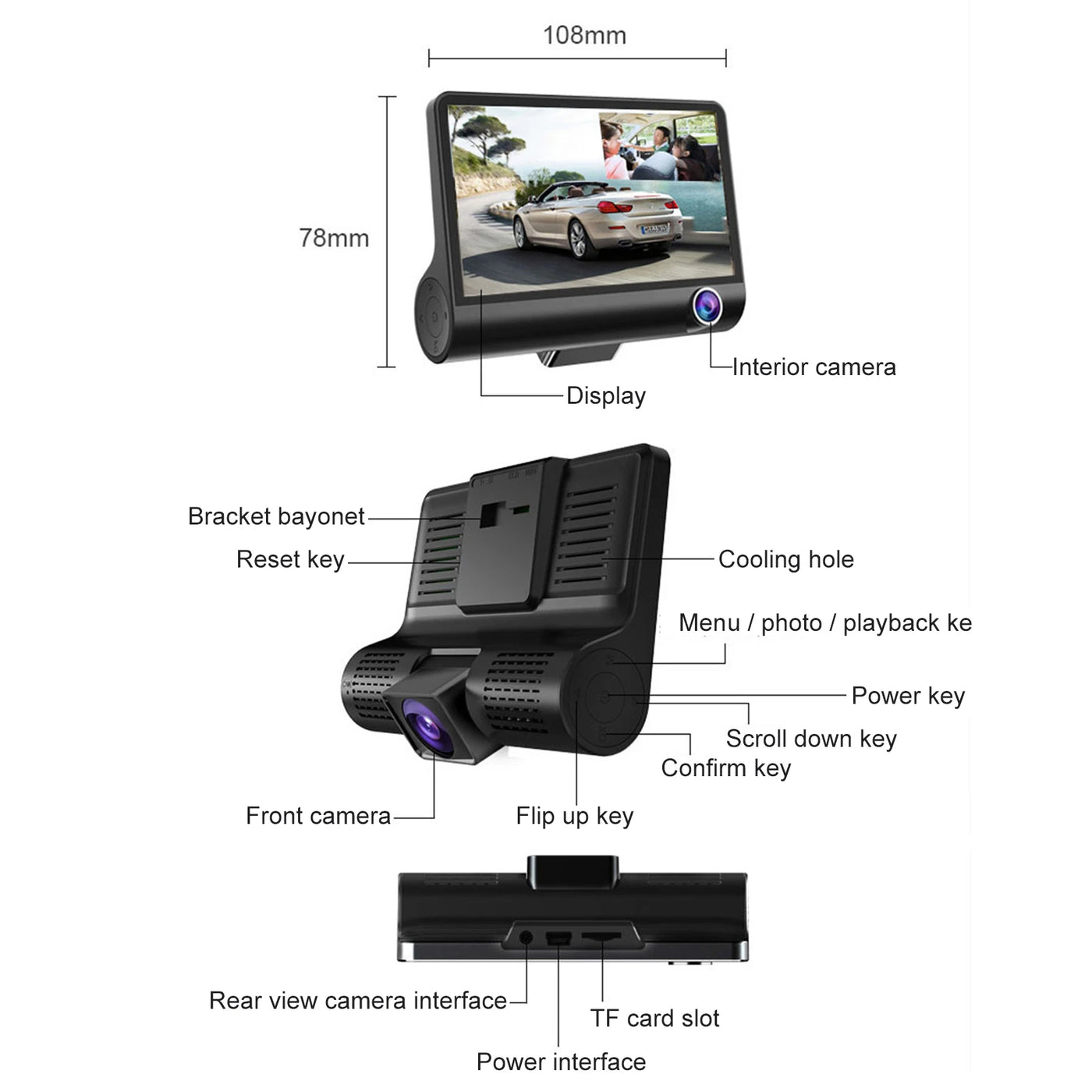 3 Camera DVR FHD 1080p Resolution With LED Screen 170 Degree Rotational DVR Dashboard Camera  For Car 1 Pc