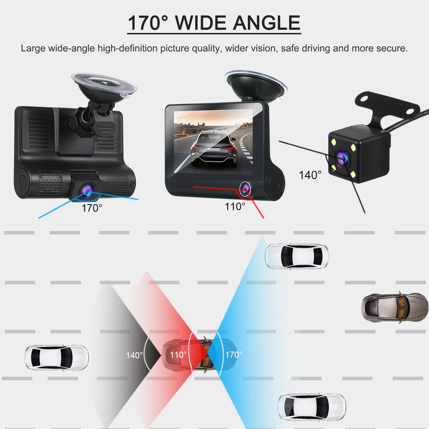 3 Camera DVR FHD 1080p Resolution With LED Screen 170 Degree Rotational DVR Dashboard Camera  For Car 1 Pc