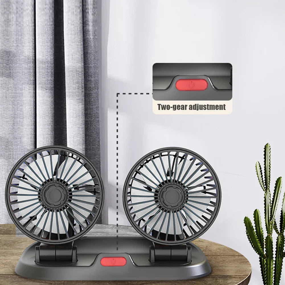 12V Double Head Portable Fan 360 Rotating Fan 1 Pc