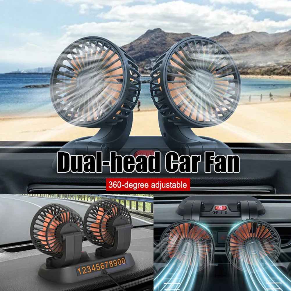 12V Double Head Portable Fan 360 Rotating Fan 1 Pc